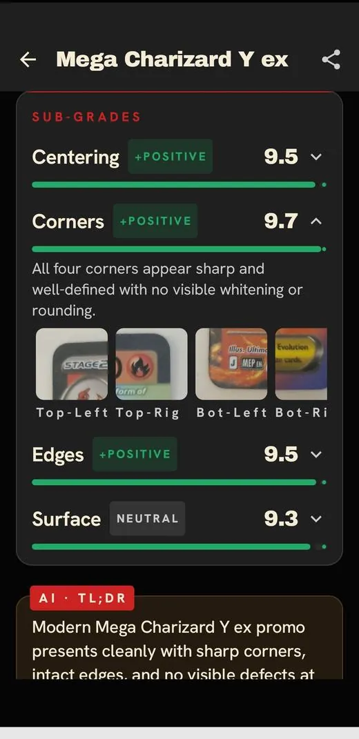 Cardinal sub-grade breakdown with magnified corner crops
